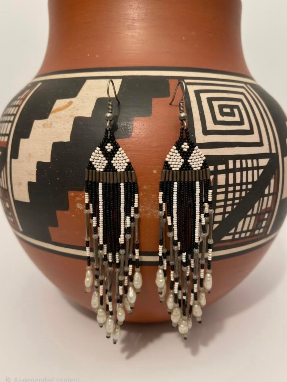 Black and White Beaded Chandelier Earrings with Pearls